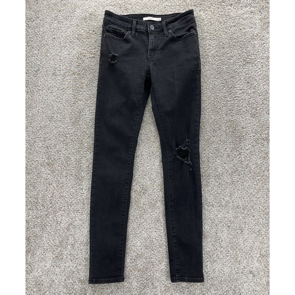 Levis 711 Jeans Womens 25‎ Black Skinny Low Rise Distressed Indie Sleaze Grunge